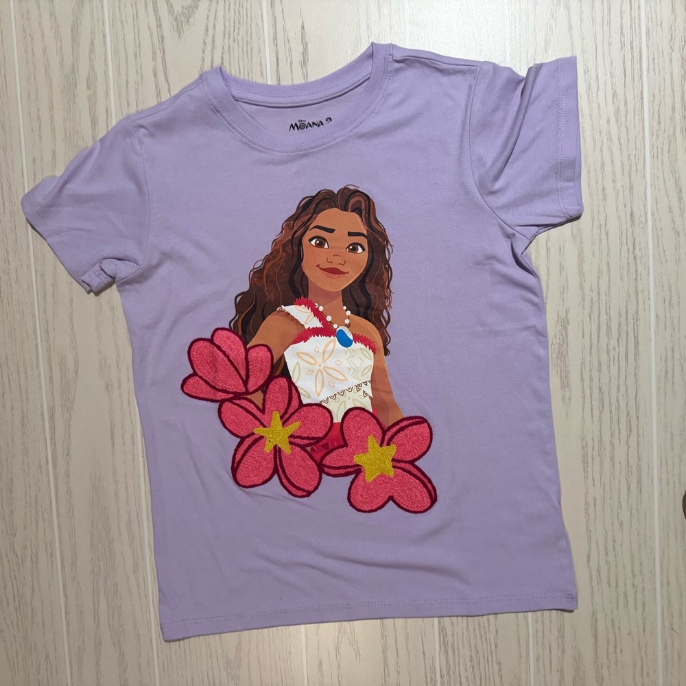 Disney Moana Girls Purple Tee Chenille Flower Patch Graphic Shirt Size 14/16